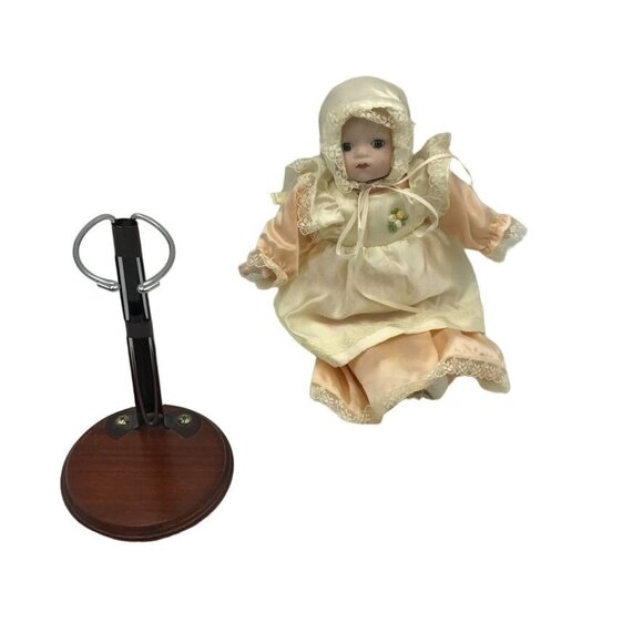 Vintage 80s Porcelain Girl Baby Doll 1987 Enesco Peach Mom Pin Cushion Stand - Picture 6 of 9